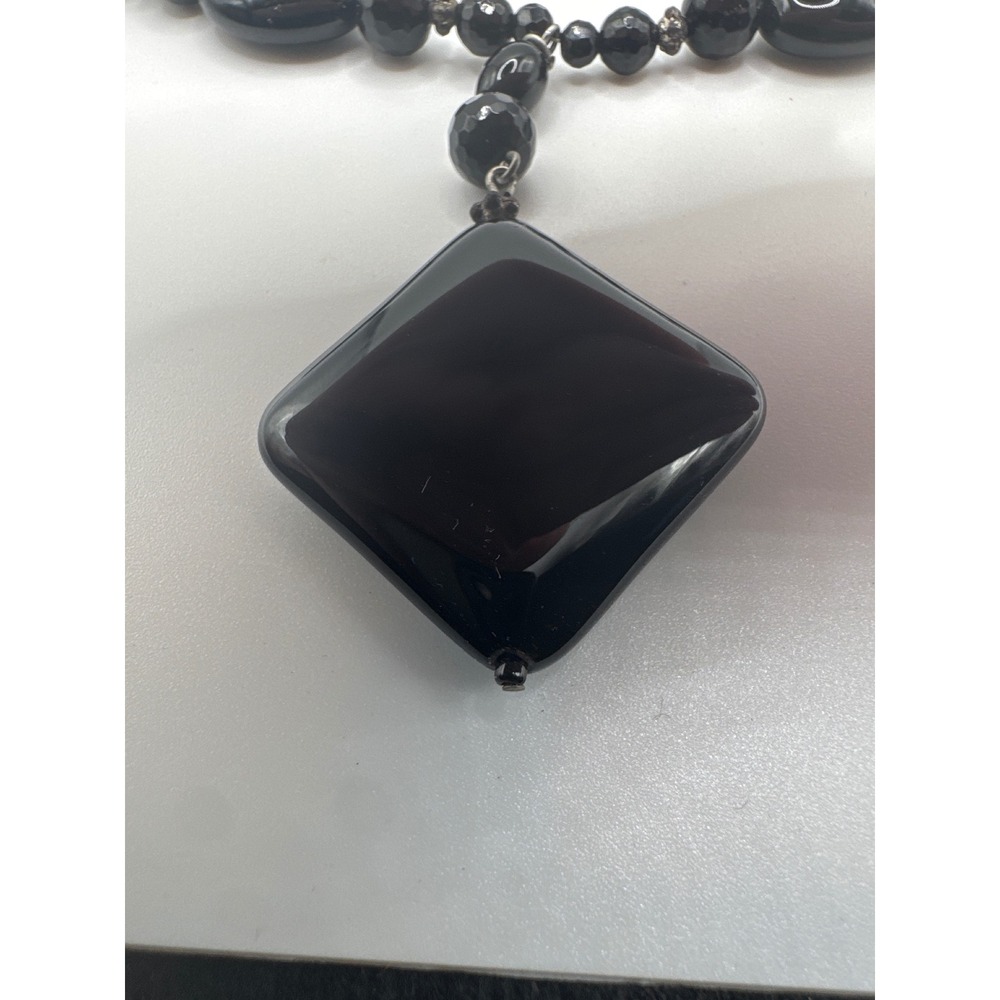 VTG Black Geometric Statement Necklace Square Beaded Toggle Clasp Silver Tone - Picture 2 of 6